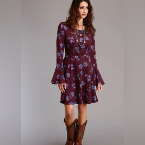 Stetson Dresses & Skirts - Stetson Women’s Wine Rayon/Nylon Floral Swing Fit & Flare Dress 4 Boho Western